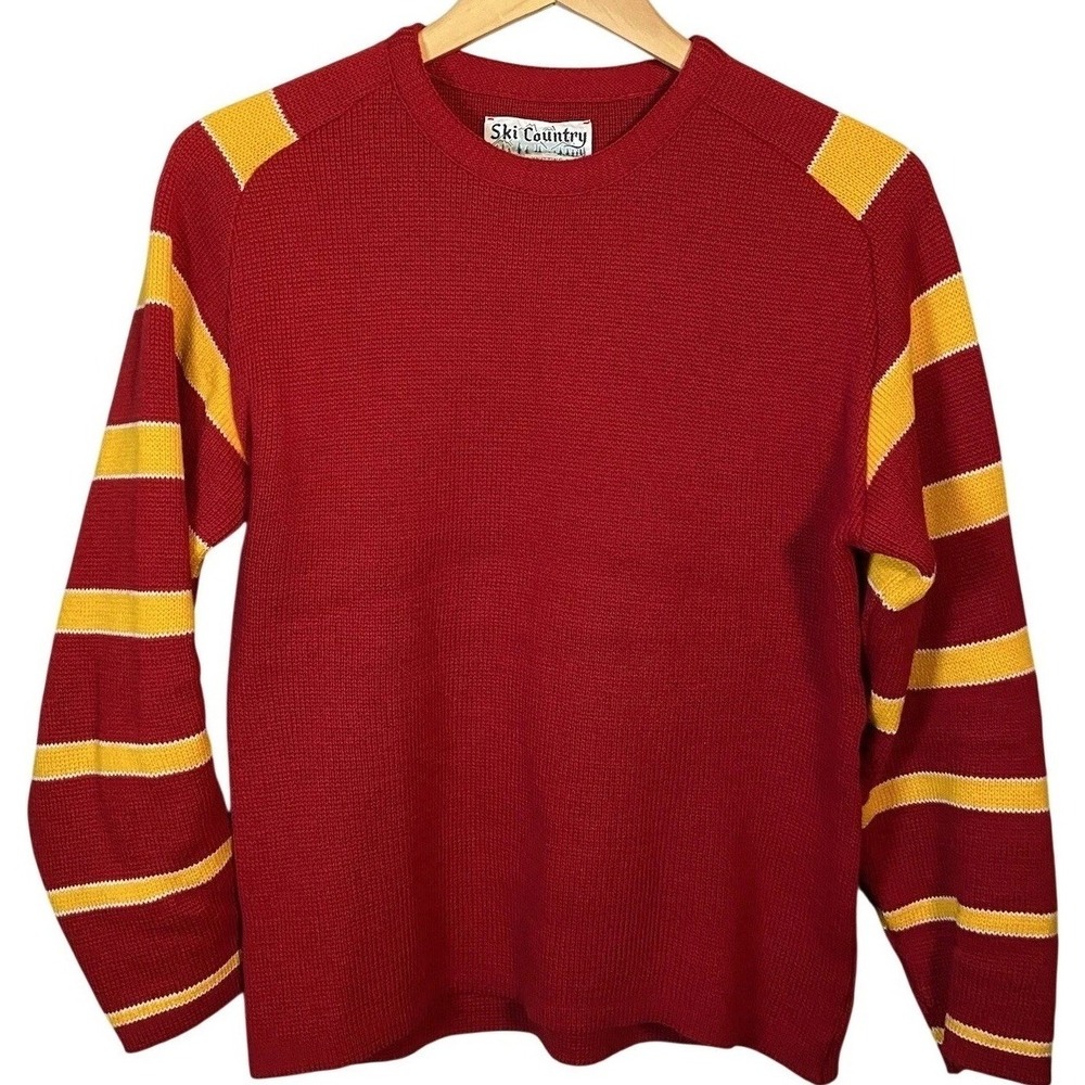 Vintage 70s Ski Country Wool Sweater Mens S Red Yellow Striped Apres Alpine Crew